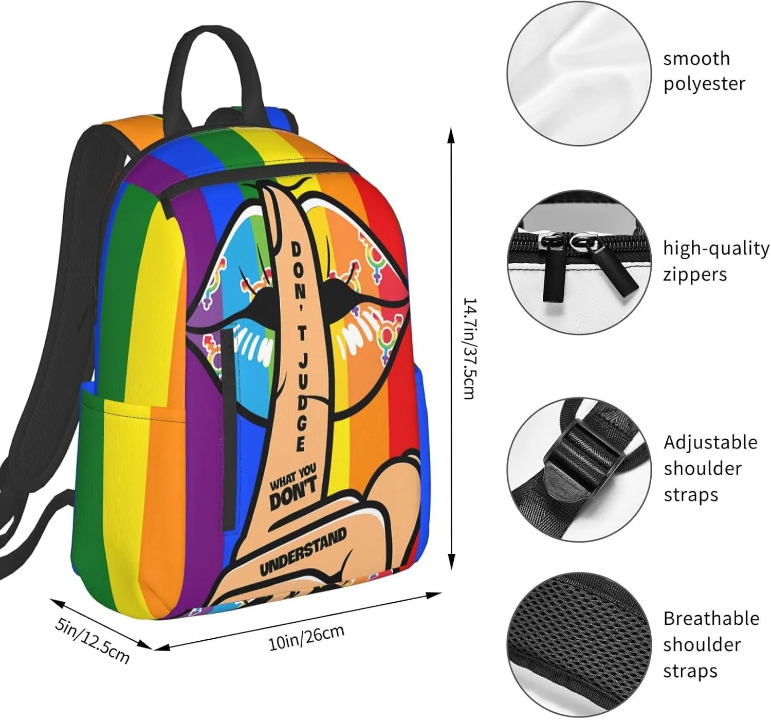 LGBT Lip Don't Judge What You Don't Understand Travel Laptop Backpack Casual Backpacks Double Shoulder Daypack Notebook Rucksack Work Bags Sports Bag for Hiking Camping Beach