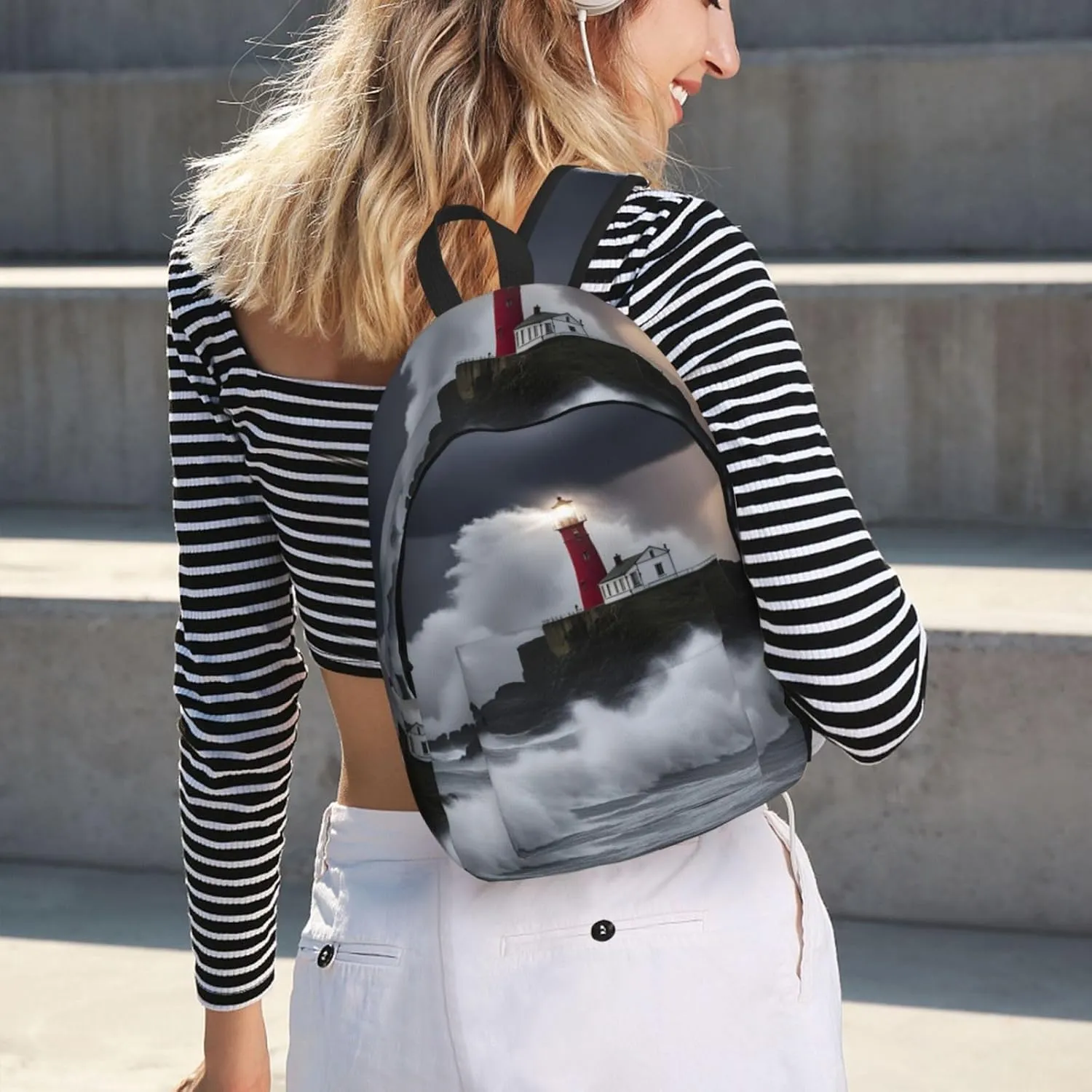 Lighthouse In Storm Classic Style Backpacks Travel Bag For Men Women Lightweight Back Pack With Laptop Compartmen