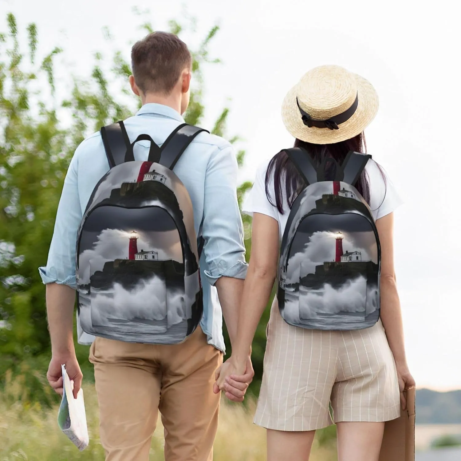 Lighthouse In Storm Classic Style Backpacks Travel Bag For Men Women Lightweight Back Pack With Laptop Compartmen