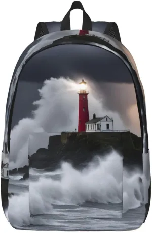 Lighthouse In Storm Classic Style Backpacks Travel Bag For Men Women Lightweight Back Pack With Laptop Compartmen