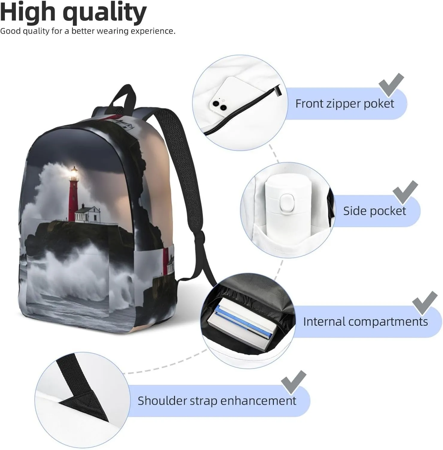 Lighthouse In Storm Classic Style Backpacks Travel Bag For Men Women Lightweight Back Pack With Laptop Compartmen