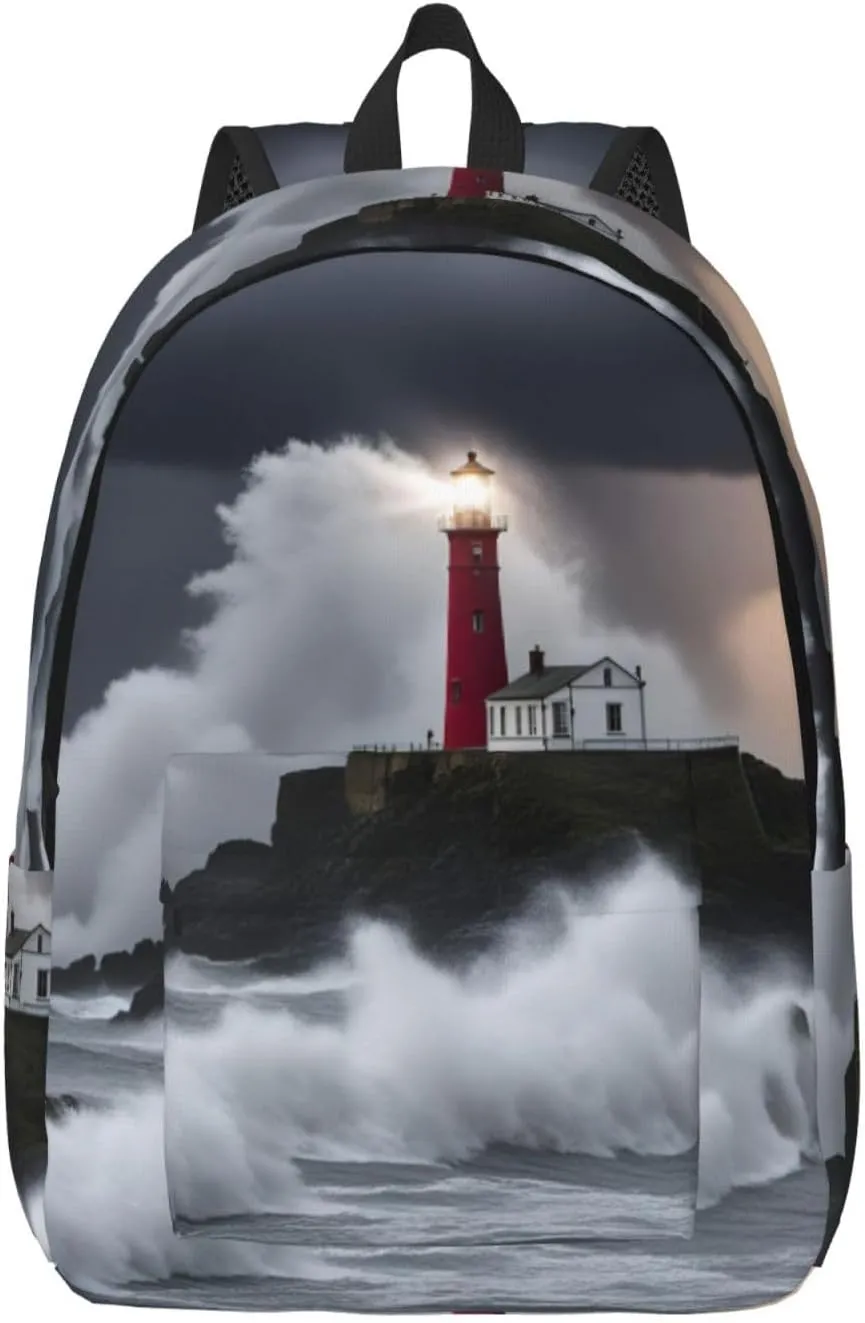 Lighthouse In Storm Classic Style Backpacks Travel Bag For Men Women Lightweight Back Pack With Laptop Compartmen