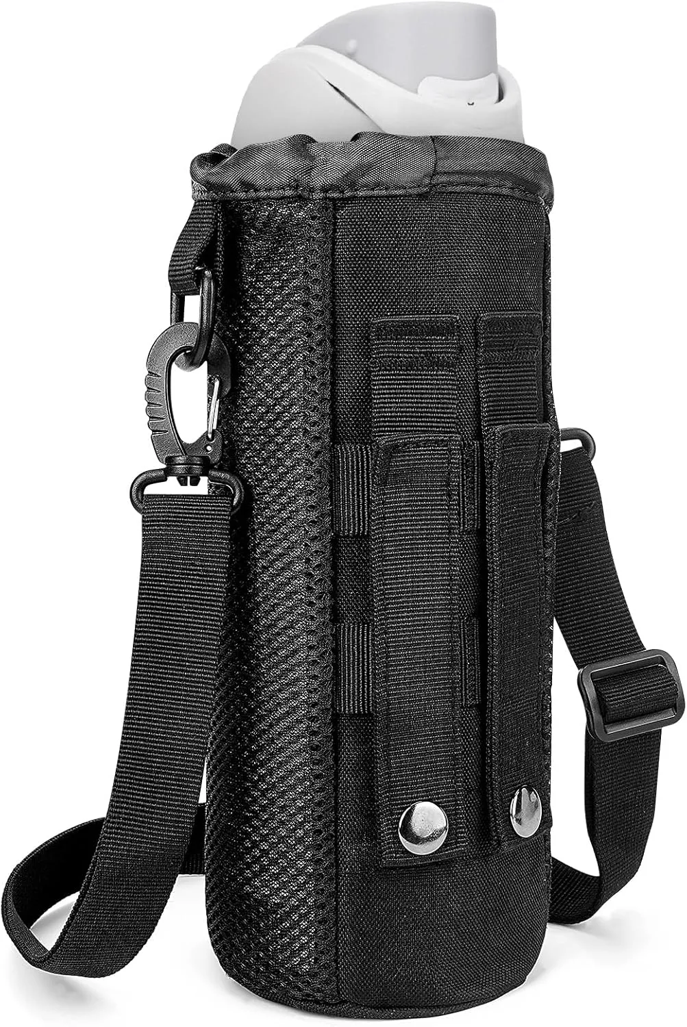 Linkidea Drawstring Molle Water Bottle Carrier with Strap Compatible with Owala FreeSip 32/40oz, Nalgene Sustain Wide Mouth 48oz, Waterbottle Sling Bag Holder with Shoulder Strap, Black