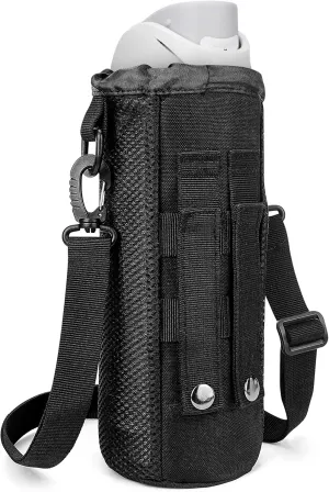 Linkidea Drawstring Molle Water Bottle Carrier with Strap Compatible with Owala FreeSip 32/40oz, Nalgene Sustain Wide Mouth 48oz, Waterbottle Sling Bag Holder with Shoulder Strap, Black