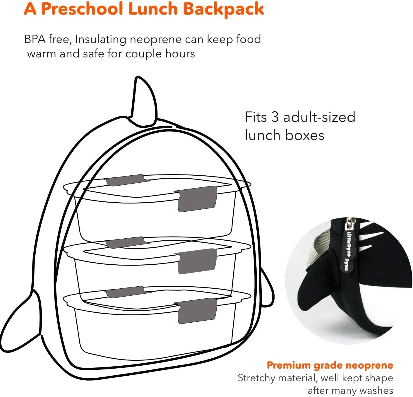 Little Dyno Machine Washable Toddler Shark Backpack & Lunch Bag, Easy to Clean, Durable Neoprene is recycle & reusable, great for Boys & Girls for beach, picnic, outdoor & preschool, 10.6x10.2 inch