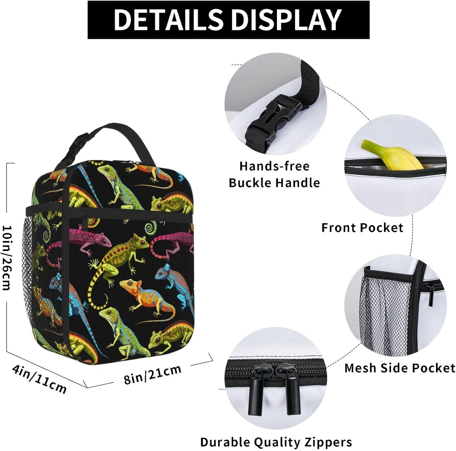 Lizard Pet Insulated Lunch Bag, Leakproof Portable Box For Boys Girls, Large Capacity Cooler Bag With Handle And Bottle Pocket For Kids Teens Adults Office Camping School Hiking Outdoor