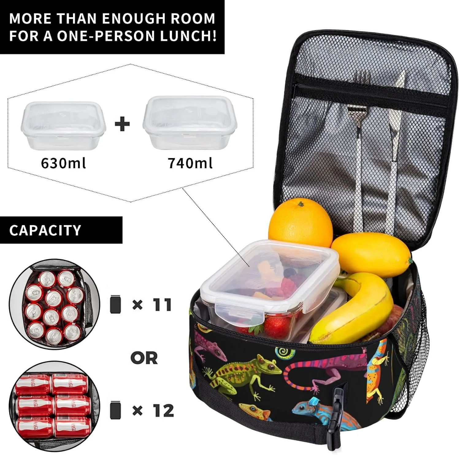 Lizard Pet Insulated Lunch Bag, Leakproof Portable Box For Boys Girls, Large Capacity Cooler Bag With Handle And Bottle Pocket For Kids Teens Adults Office Camping School Hiking Outdoor