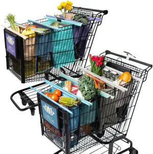 Lotus Trolley Bag -set of 4 -w/LRG COOLER Bag & Egg/Wine holder! Reusable Grocery Cart Bags sized for USA. Washable Eco-friendly 4-Bag Grocery Tote. (Earth Tones & Purple)