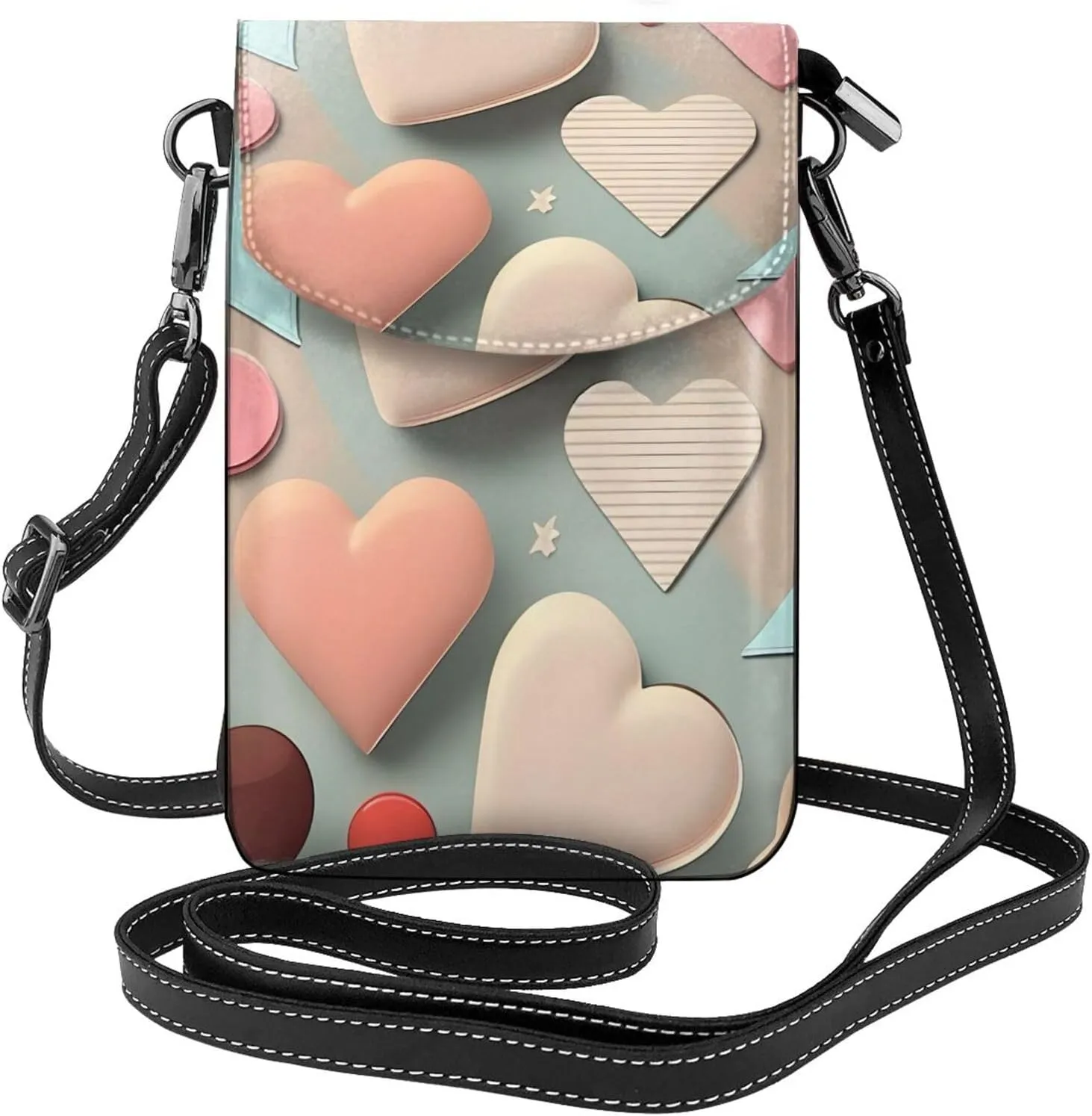 Love Pattern Zippered Crossbody Bag, Women'S Shoulder Bag With Card Slot, Removable Shoulder Strap, 7.6 X 4.9 In., Black