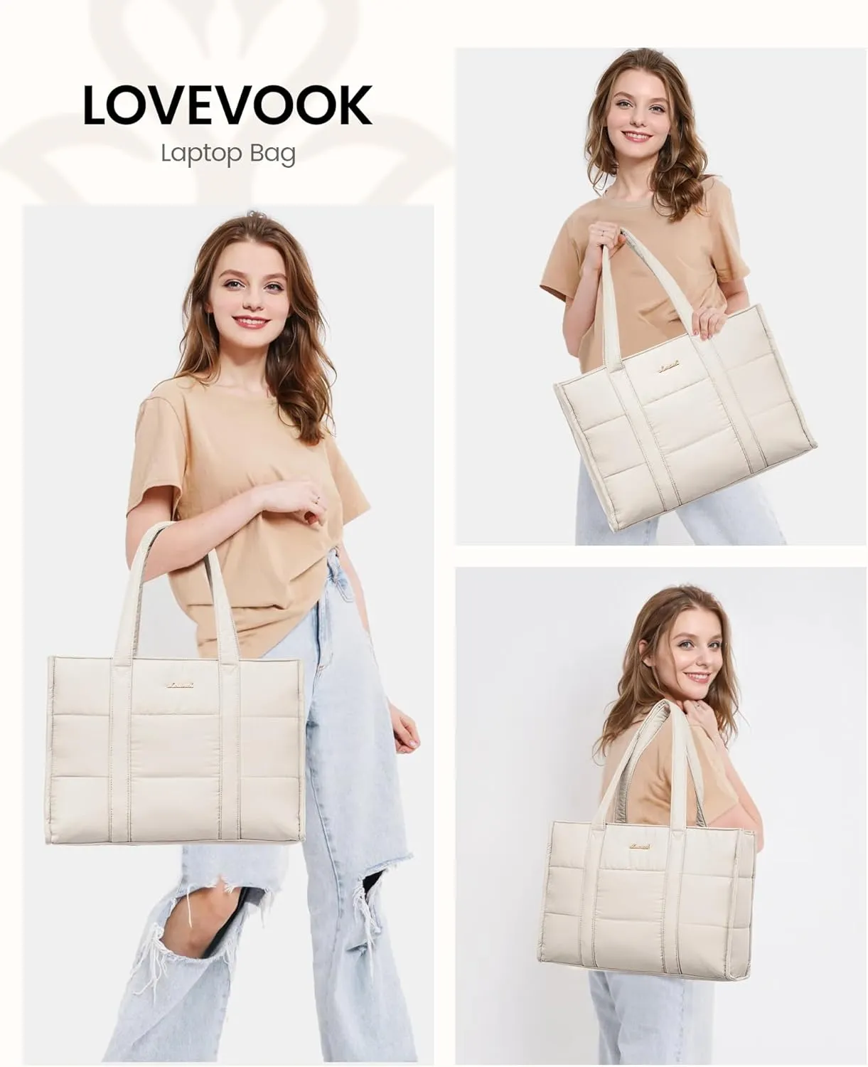 LOVEVOOK Laptop Bag for Women, Puffer Tote Bag for Work 15.6 Inch Large Computer Briefcase for Teacher Nurse, Quilted Lightweight Casual Shoulder Bag For Travel, Daily