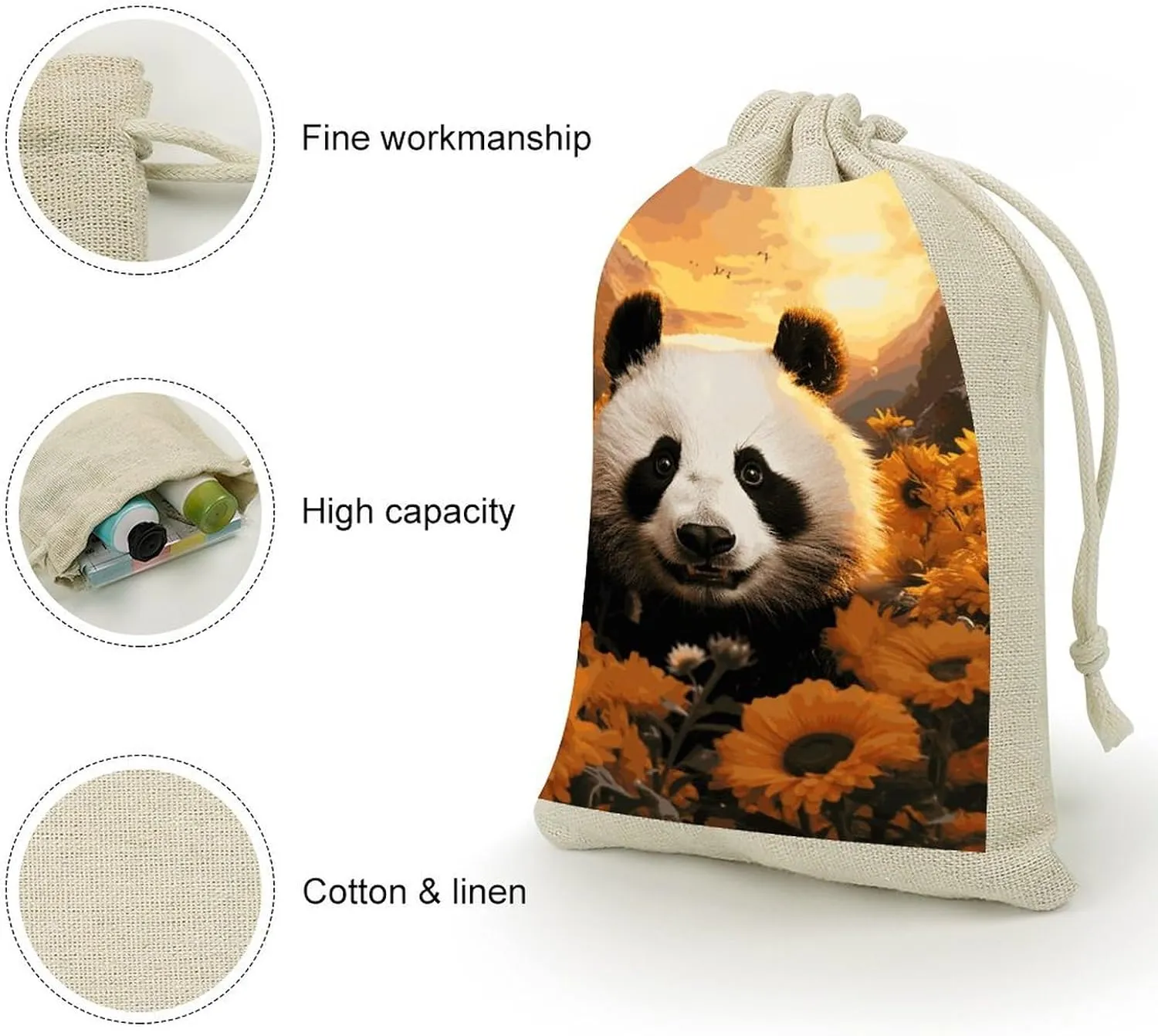LPSADGF 8 PCS Panda And Sunflower Drawstring Gift Bags Reusable Cotton Linen Storage Pouches for Christmas, Weddings, Parties, Favors 4.9"x6.7" Small Burlap Bags