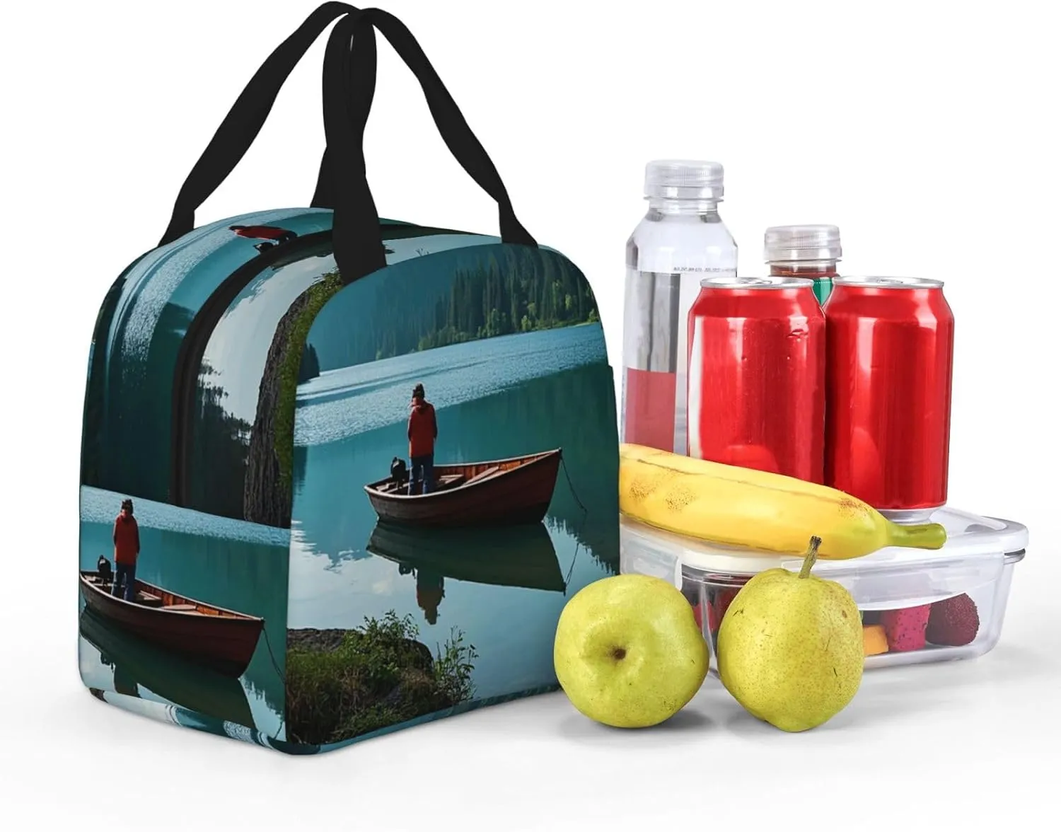 Lunch Bag for Men Women Reusable Insulated Lunchbox Boat at Lake Shore Lunch Tote Bag for Work Picnic