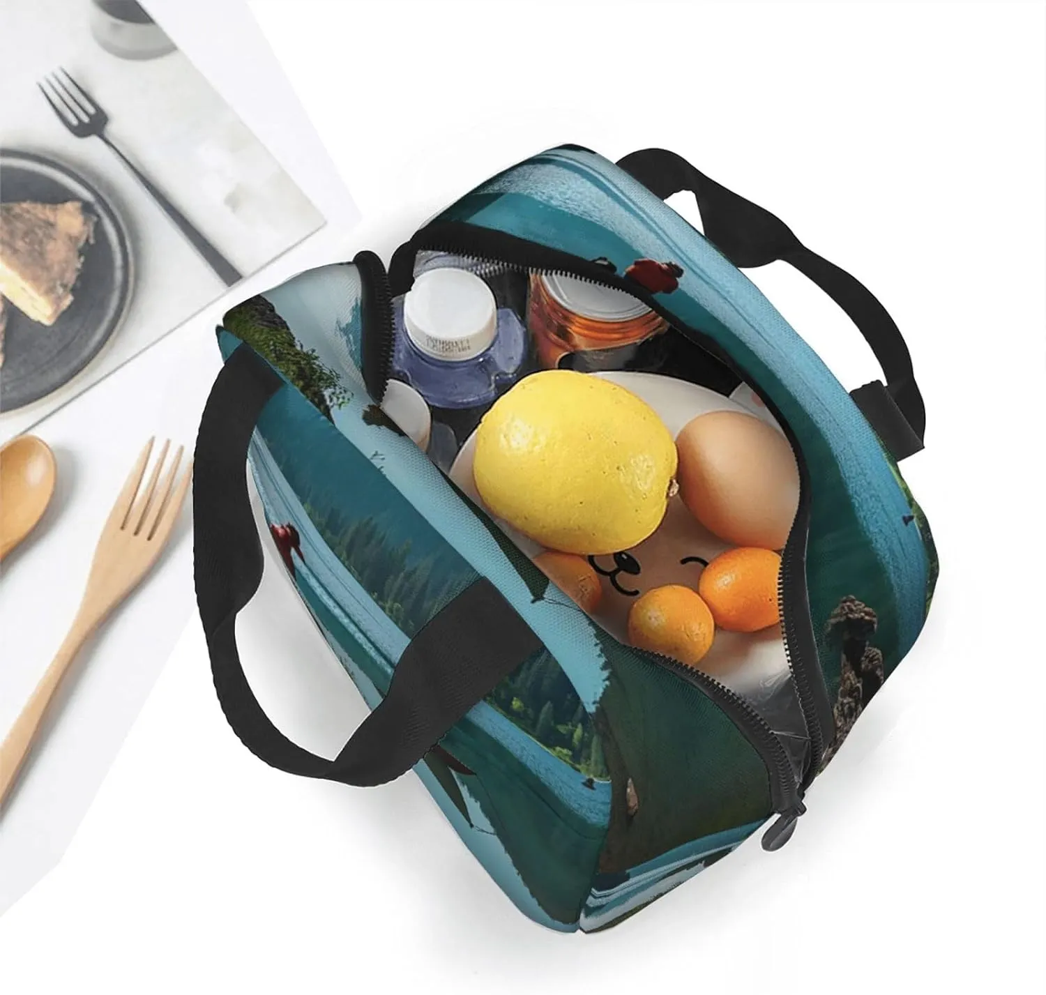 Lunch Bag for Men Women Reusable Insulated Lunchbox Boat at Lake Shore Lunch Tote Bag for Work Picnic