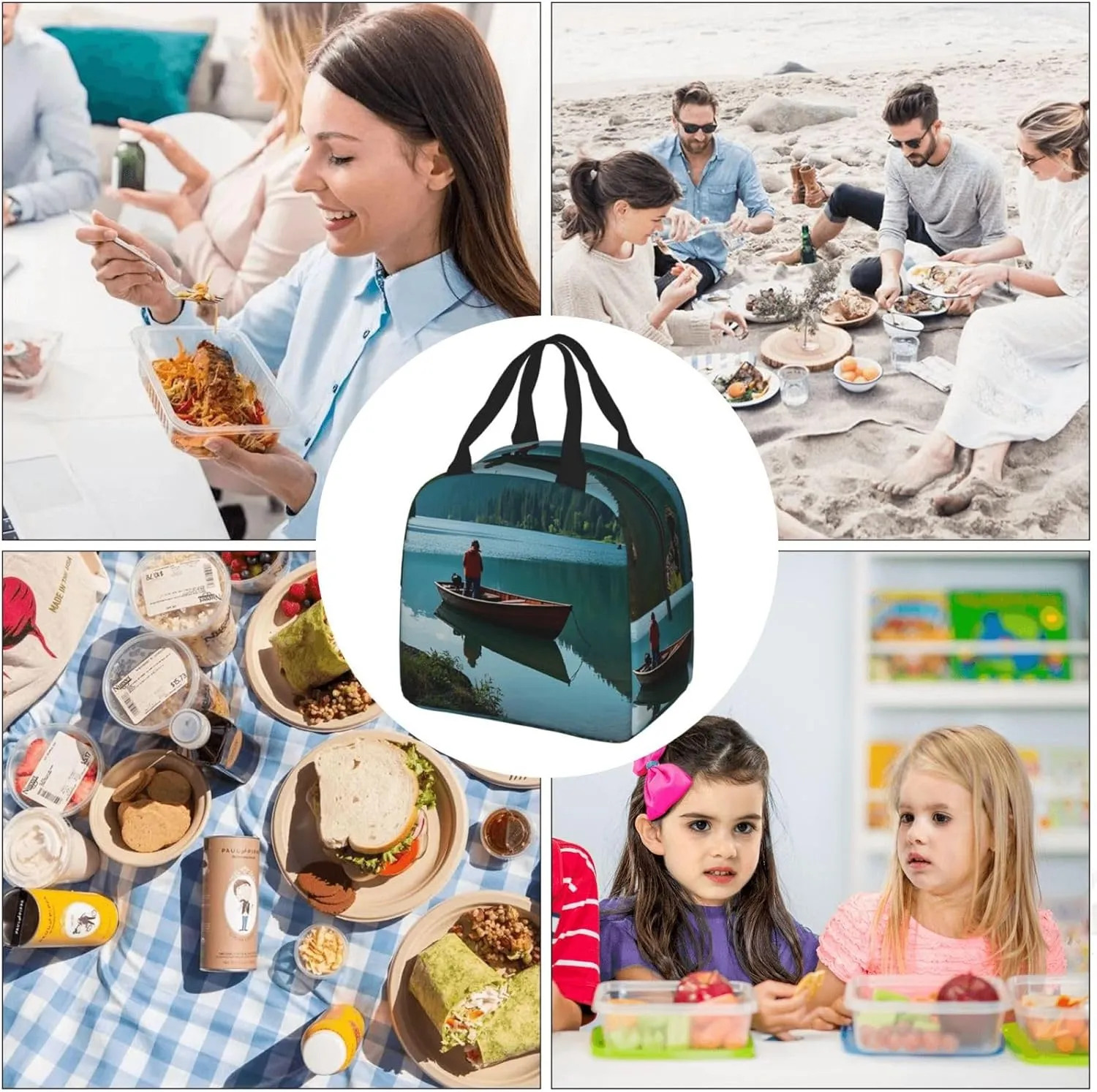Lunch Bag for Men Women Reusable Insulated Lunchbox Boat at Lake Shore Lunch Tote Bag for Work Picnic