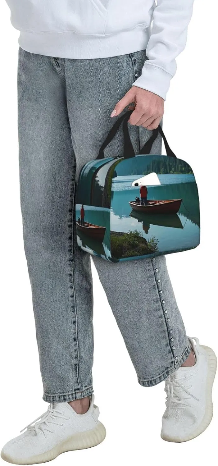 Lunch Bag for Men Women Reusable Insulated Lunchbox Boat at Lake Shore Lunch Tote Bag for Work Picnic