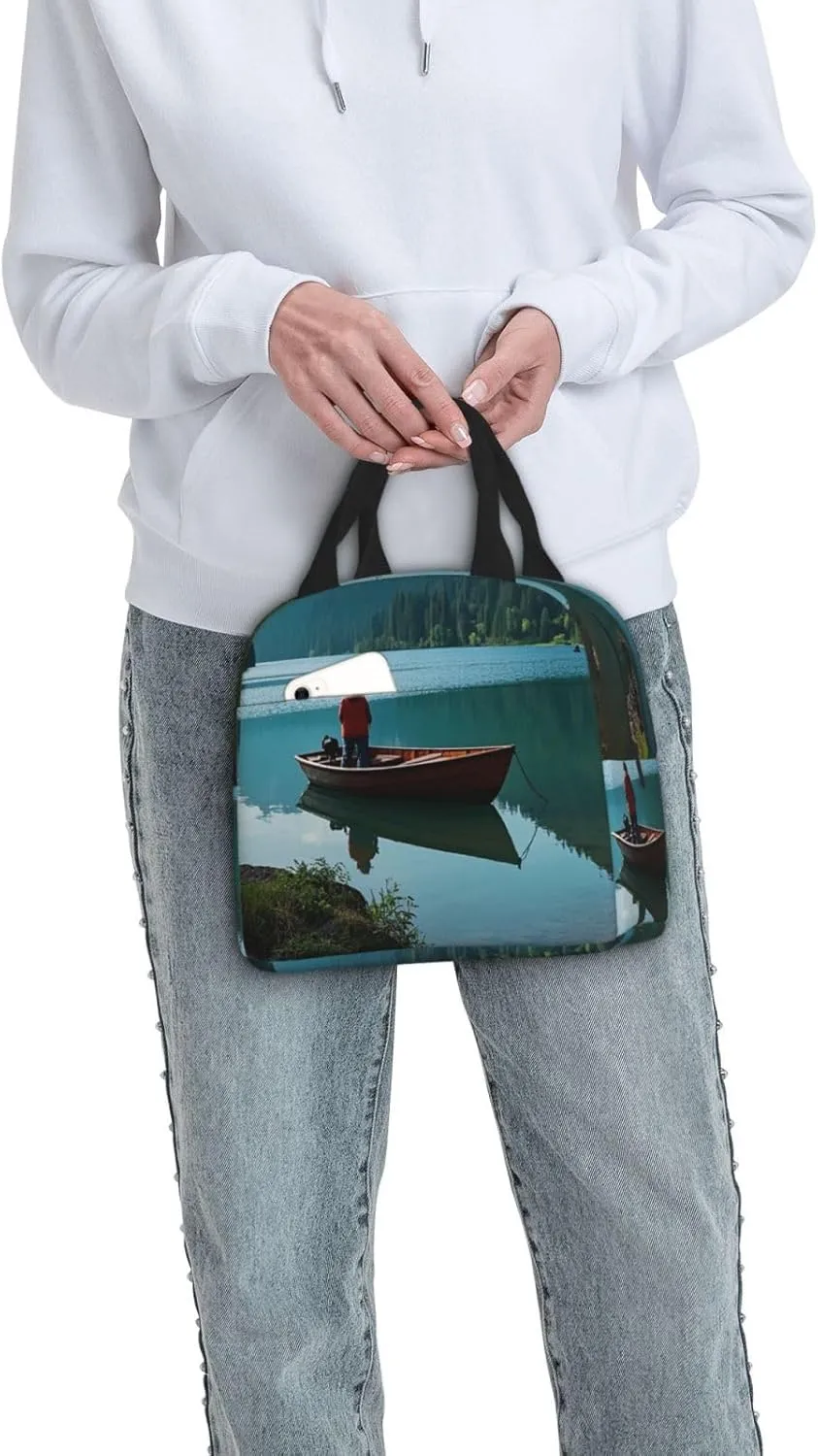 Lunch Bag for Men Women Reusable Insulated Lunchbox Boat at Lake Shore Lunch Tote Bag for Work Picnic