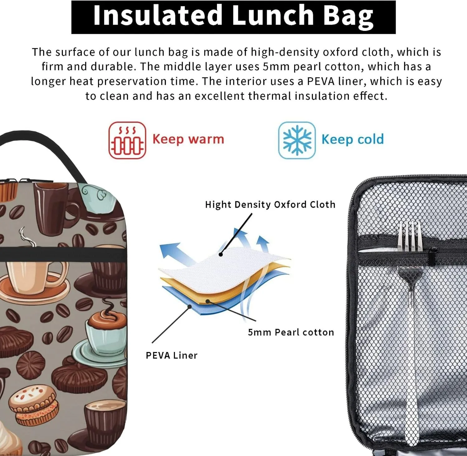 Lunch Bag for Women Men Reusable Insulated Lunch box Coffee and Sweets Sugar Chocolate Cooler Bag Waterproof Lunch Tote Bags