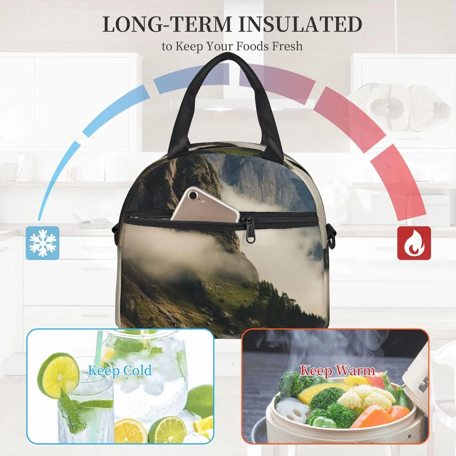 Lunch Bag Insulated Lunch Box for Women Men Reusable Cooler Bag Misty mountains Lunch Tote Bag for Work Picnic