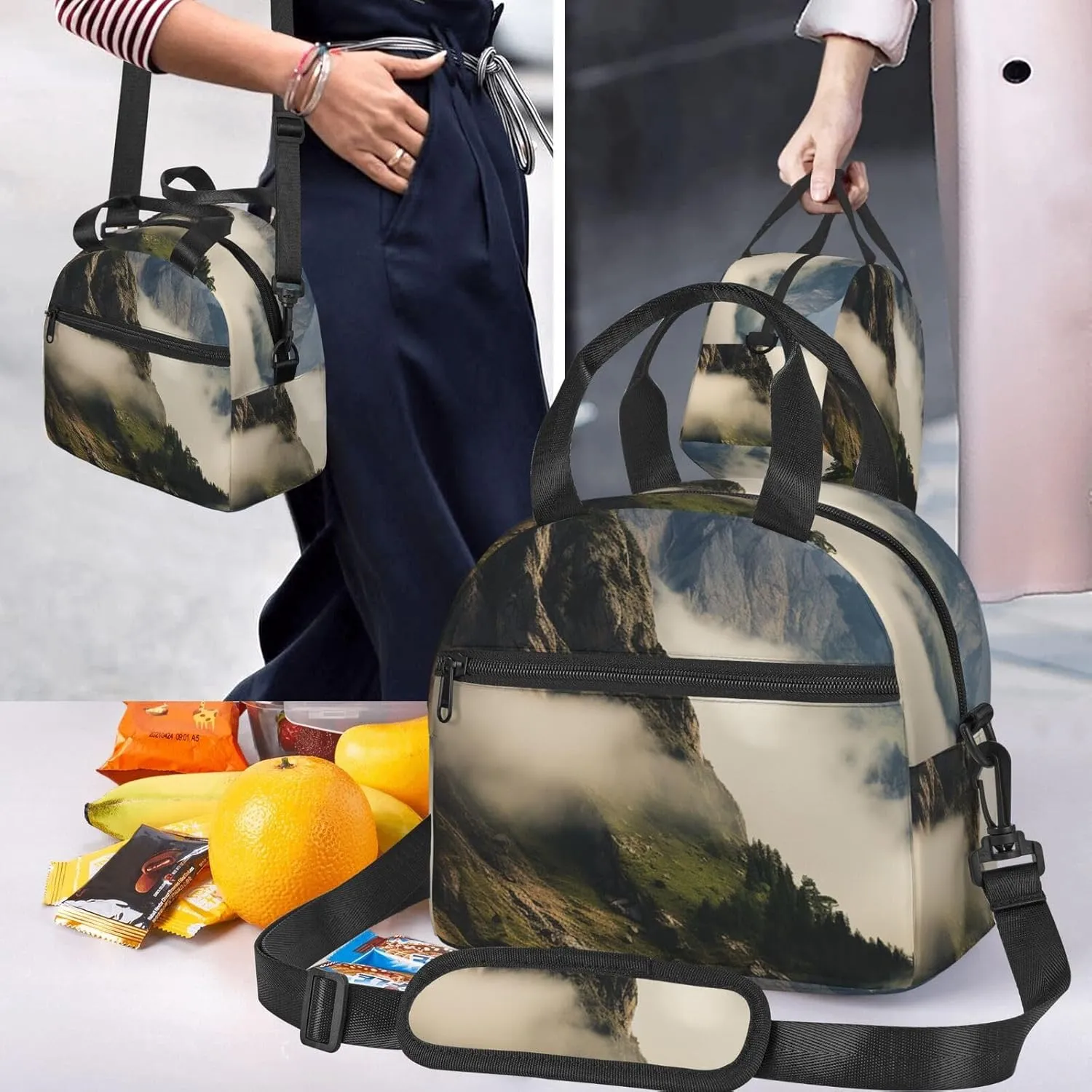Lunch Bag Insulated Lunch Box for Women Men Reusable Cooler Bag Misty mountains Lunch Tote Bag for Work Picnic