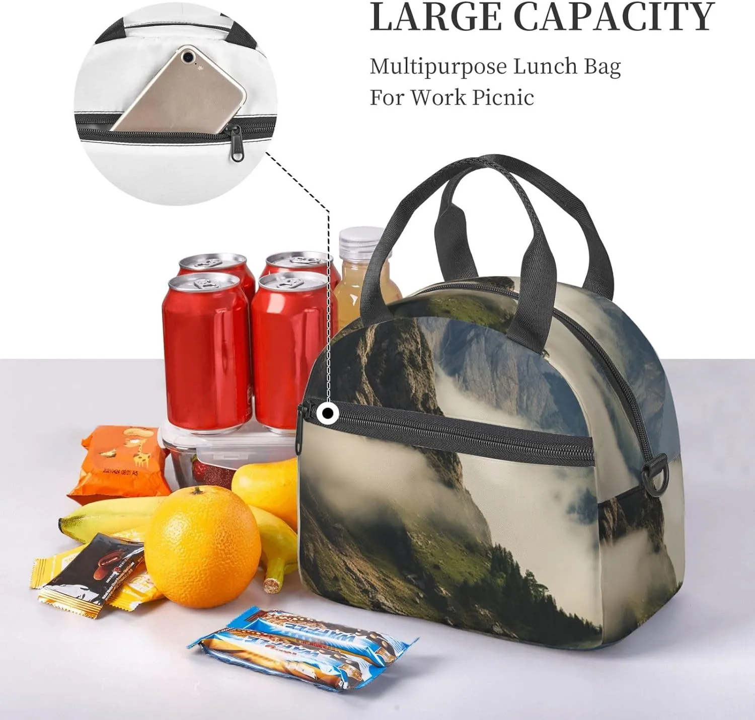 Lunch Bag Insulated Lunch Box for Women Men Reusable Cooler Bag Misty mountains Lunch Tote Bag for Work Picnic