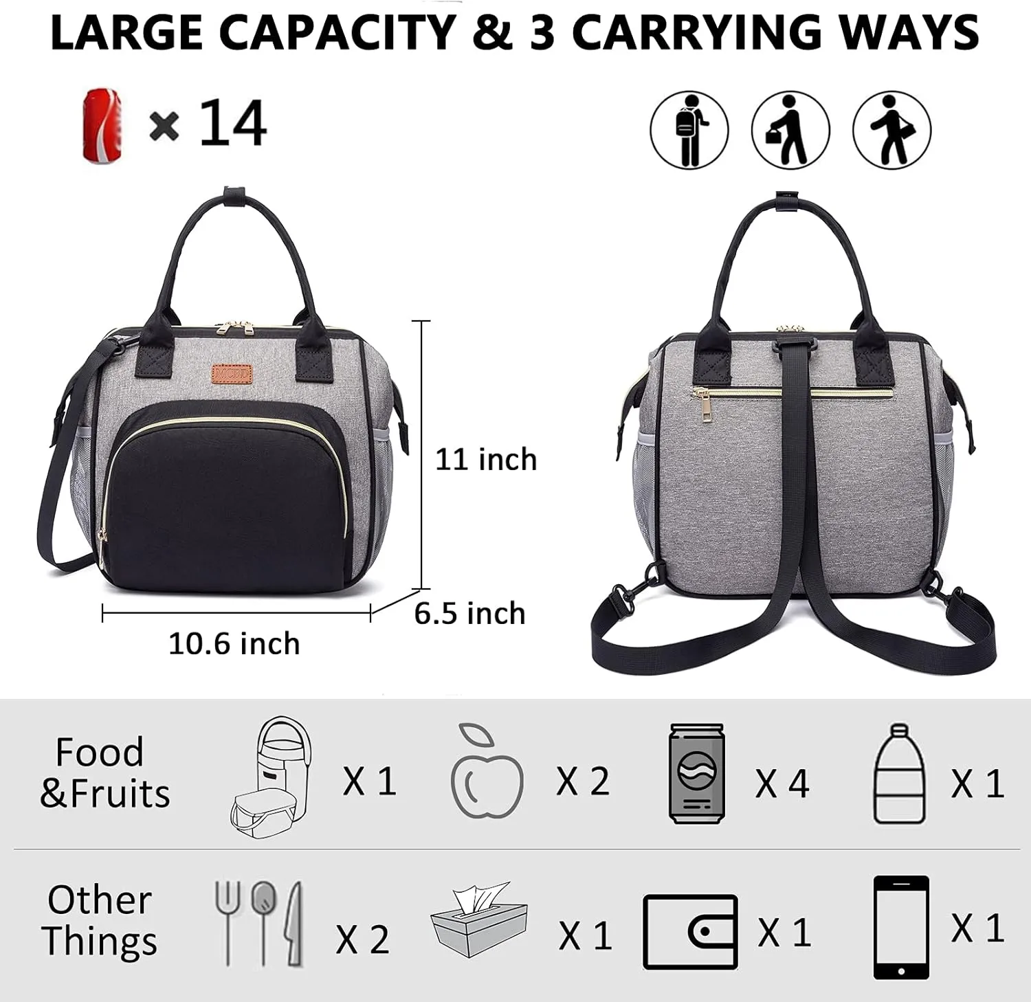 Lunch bags Insulated Lunch Box for Women Men,3 Carrying Way Large Tote Bag,Leakproof Reusable Cooler Backpack with Adjustable Shoulder Strap for Office Picnic Beach