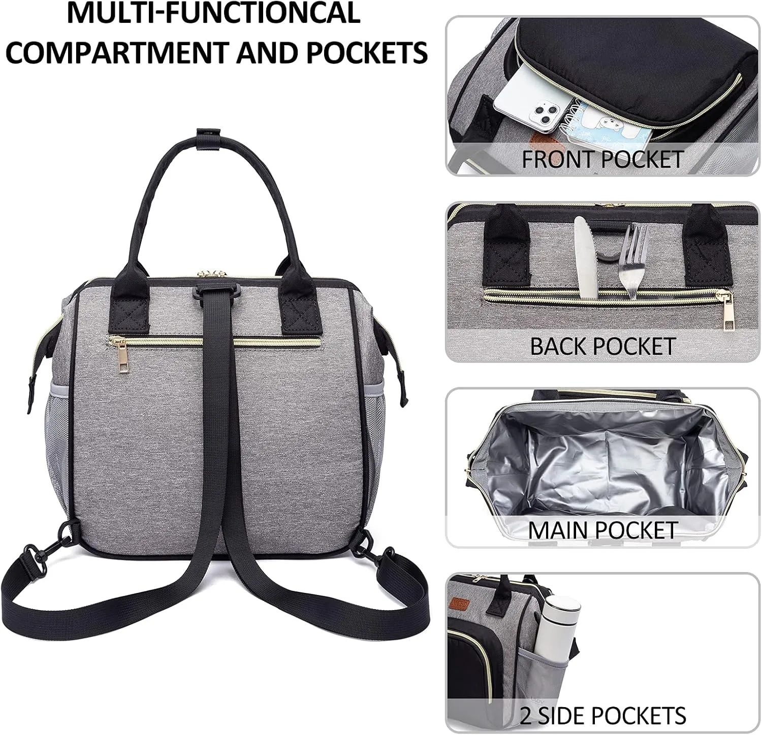 Lunch bags Insulated Lunch Box for Women Men,3 Carrying Way Large Tote Bag,Leakproof Reusable Cooler Backpack with Adjustable Shoulder Strap for Office Picnic Beach