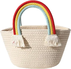 LUOZZY Woven Basket with Rainbow Handle Portable Storage Basket Handbag with Tassel for Nursery Room Toys Books Organization (Random Handle Color)