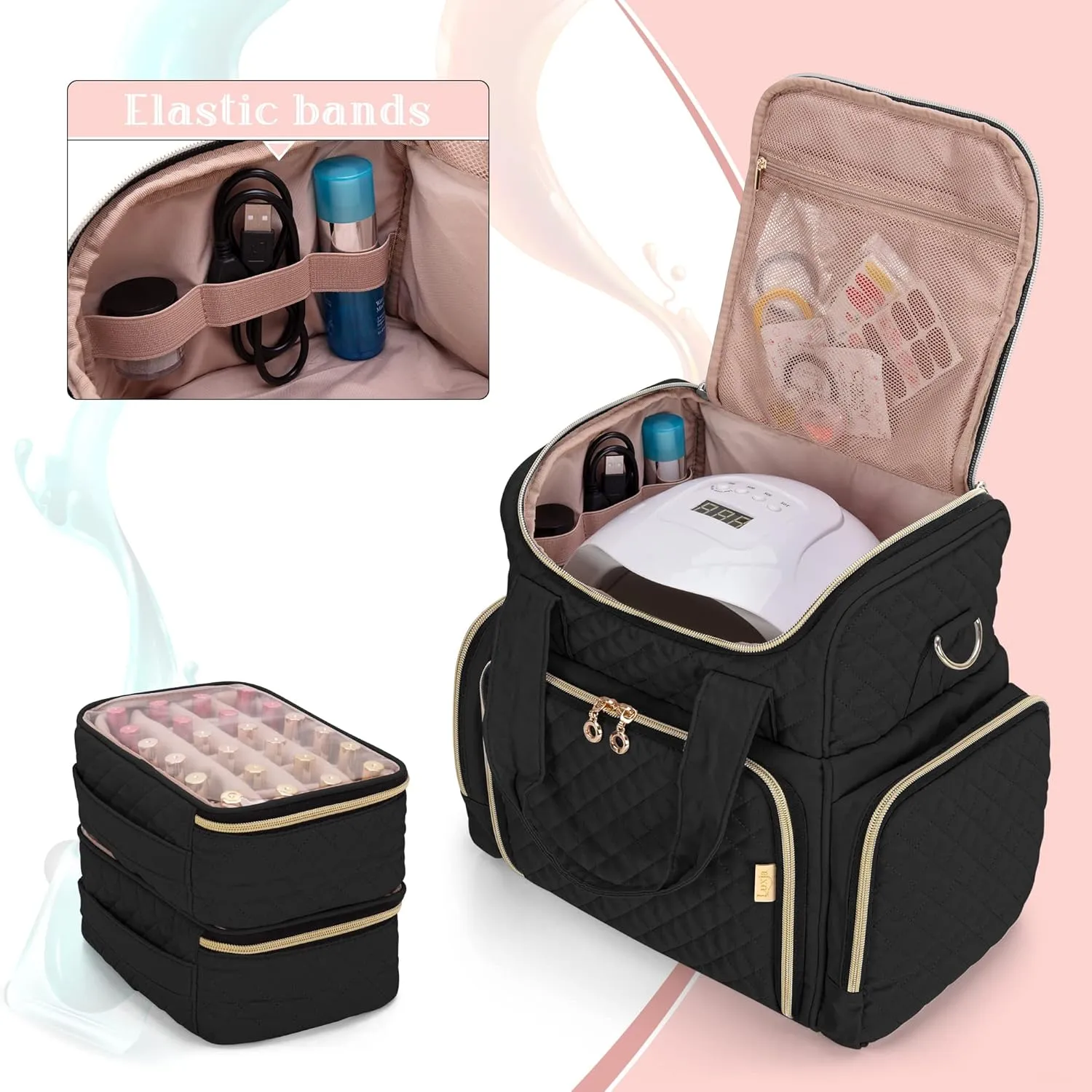 LUXJA Nail Polish Organizer Holds 48 Bottles and a Nail Lamp, Nail Polish Case with 2 Removable Bags and Tools Storage Pockets (Patent Pending), Black
