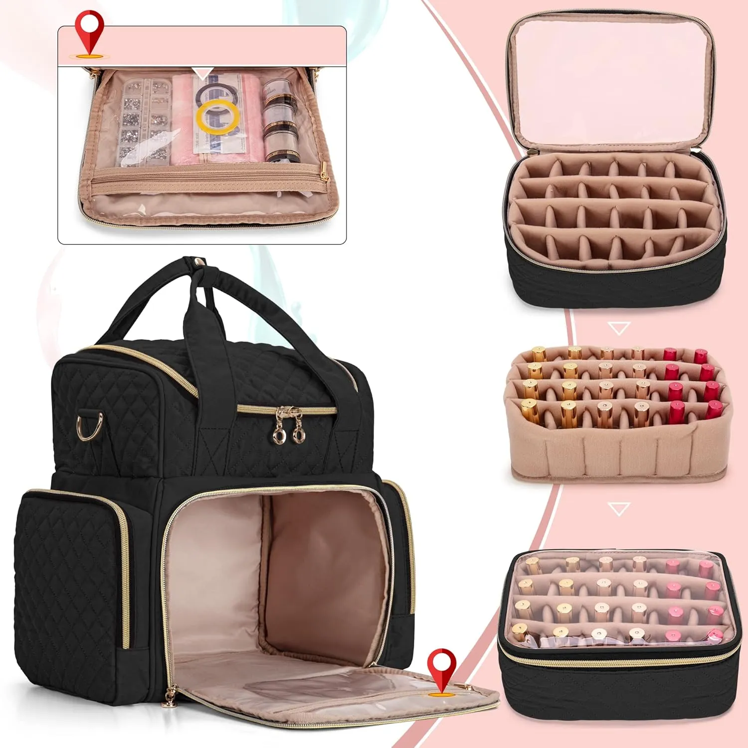 LUXJA Nail Polish Organizer Holds 48 Bottles and a Nail Lamp, Nail Polish Case with 2 Removable Bags and Tools Storage Pockets (Patent Pending), Black