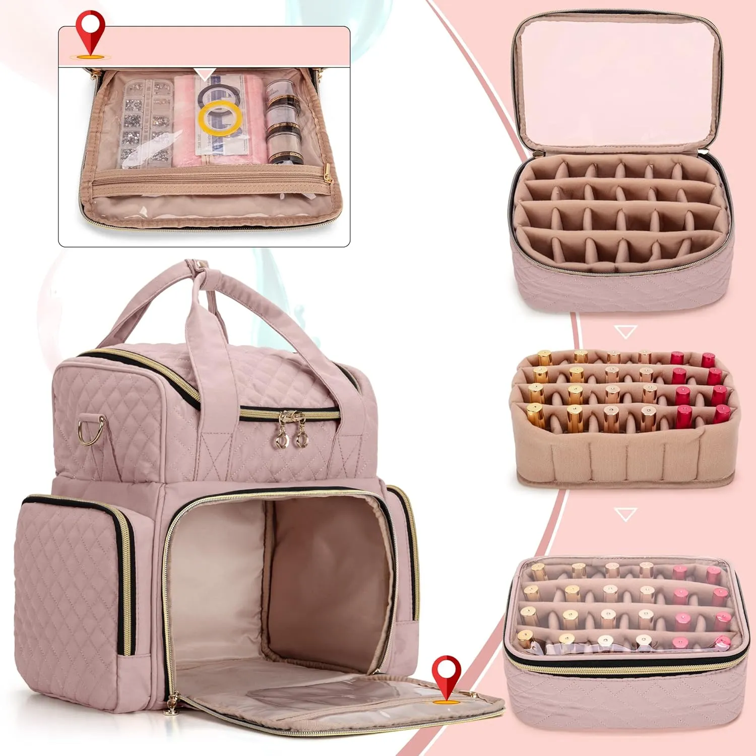 LUXJA Nail Polish Organizer Holds 48 Bottles and a Nail Lamp, Nail Polish Case with 2 Removable Bags and Tools Storage Pockets (Patent Pending), Pale Rose