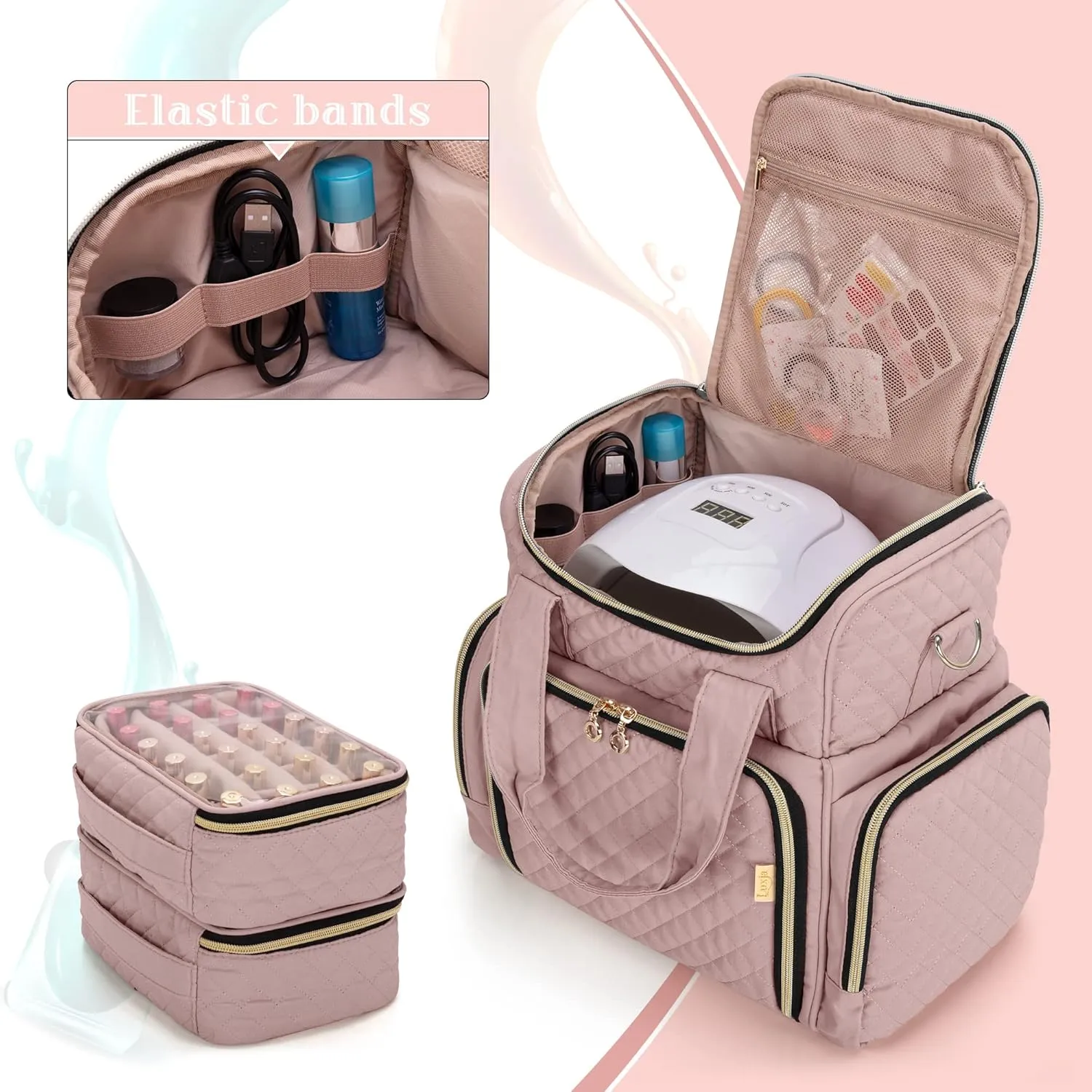 LUXJA Nail Polish Organizer Holds 48 Bottles and a Nail Lamp, Nail Polish Case with 2 Removable Bags and Tools Storage Pockets (Patent Pending), Pale Rose