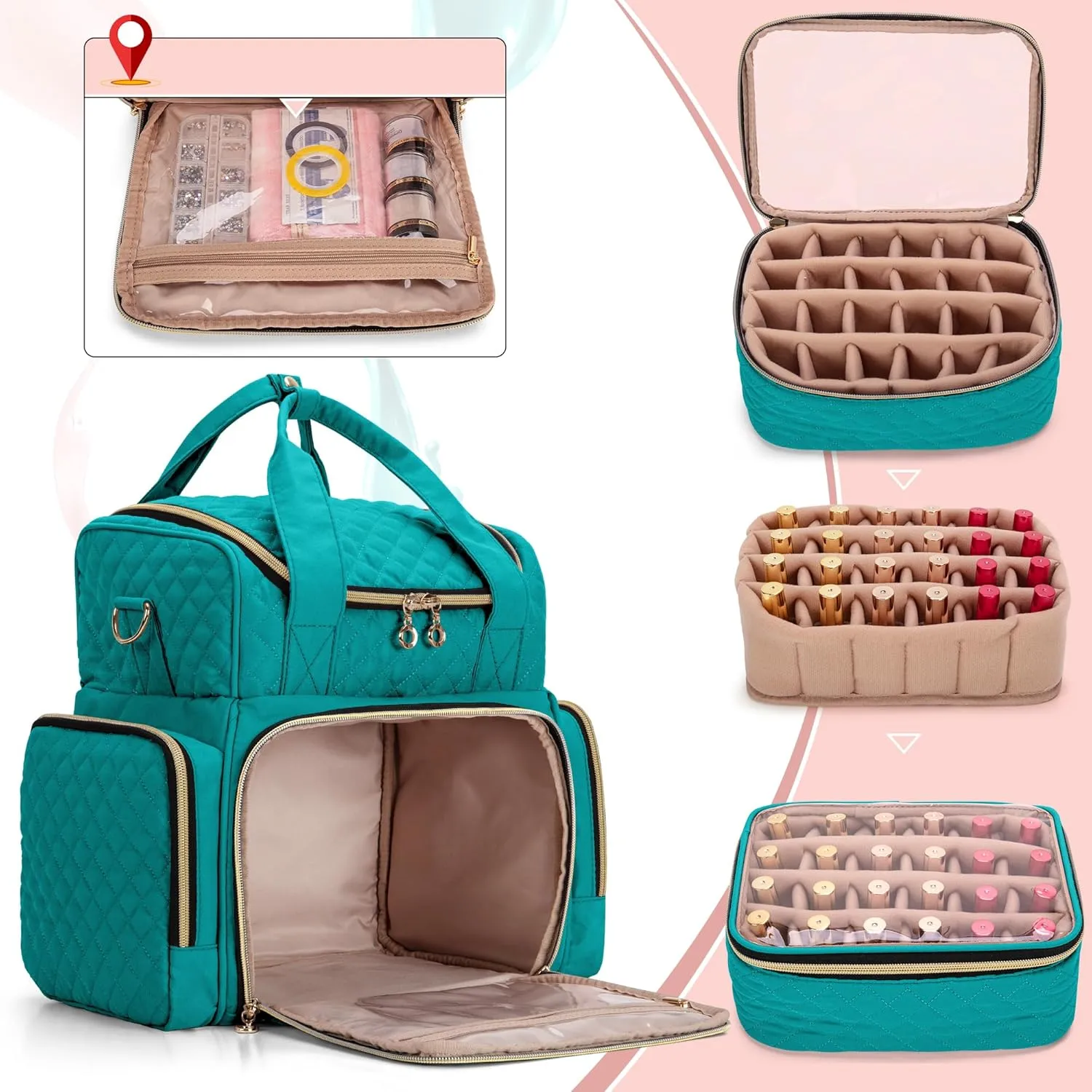 LUXJA Nail Polish Organizer Holds 48 Bottles and a Nail Lamp, Nail Polish Case with 2 Removable Bags and Tools Storage Pockets (Patent Pending), Teal