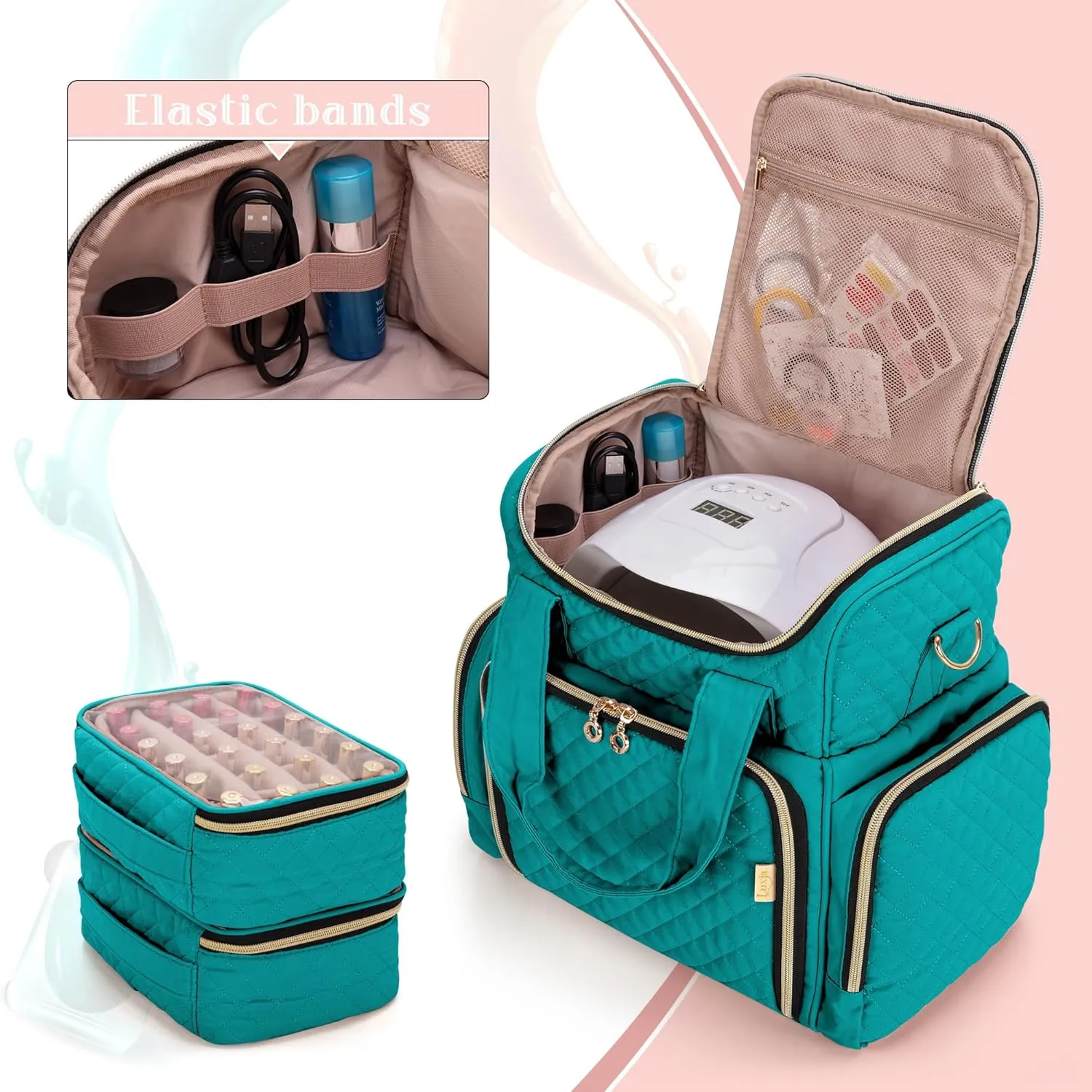 LUXJA Nail Polish Organizer Holds 48 Bottles and a Nail Lamp, Nail Polish Case with 2 Removable Bags and Tools Storage Pockets (Patent Pending), Teal