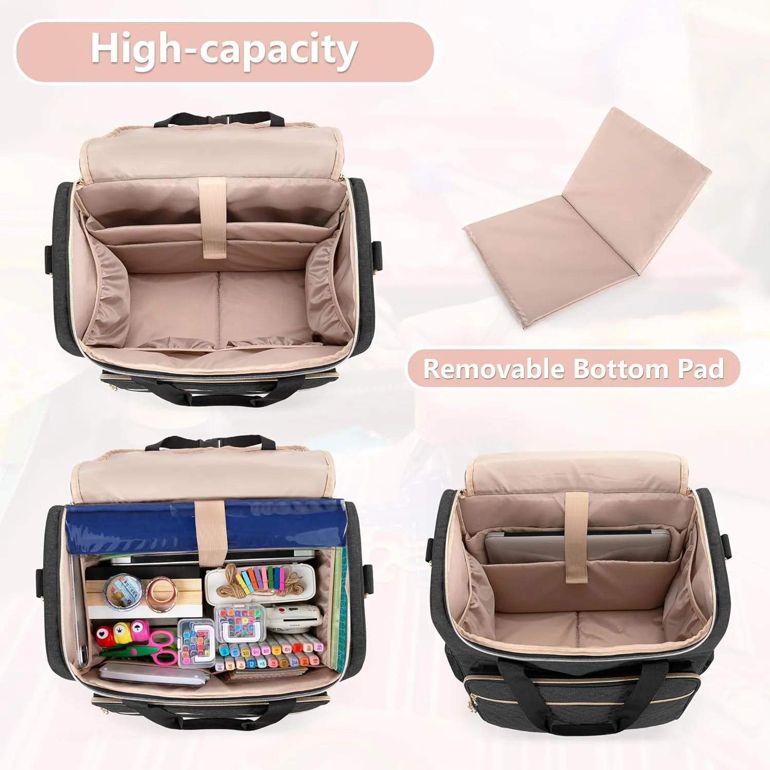 LUXJA Rolling Craft Bag with Pockets for 12 x 12 inch Scrapbook Album and Laptop, Rolling Scrapbook Tote with Detachable Dolly (Patent Pending), Black