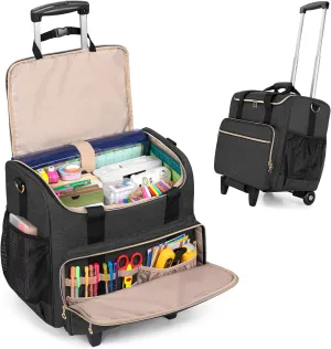 LUXJA Rolling Craft Bag with Pockets for 12 x 12 inch Scrapbook Album and Laptop, Rolling Scrapbook Tote with Detachable Dolly (Patent Pending), Black
