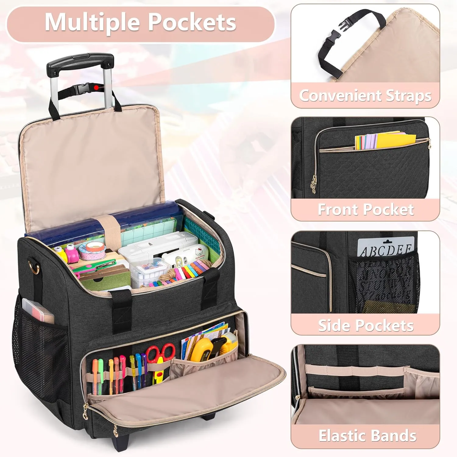 LUXJA Rolling Craft Bag with Pockets for 12 x 12 inch Scrapbook Album and Laptop, Rolling Scrapbook Tote with Detachable Dolly (Patent Pending), Black