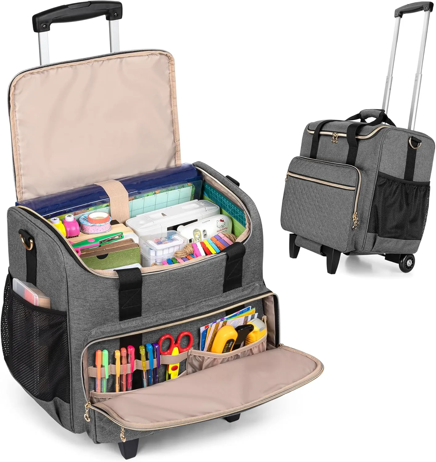 LUXJA Rolling Craft Bag with Pockets for 12 x 12 inch Scrapbook Album and Laptop, Rolling Scrapbook Tote with Detachable Dolly (Patent Pending), Gray