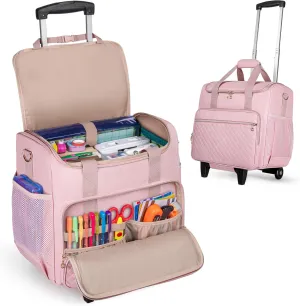 LUXJA Rolling Craft Bag with Pockets for 12 x 12 inch Scrapbook Album and Laptop, Rolling Scrapbook Tote with Detachable Dolly (Patent Pending), Pink
