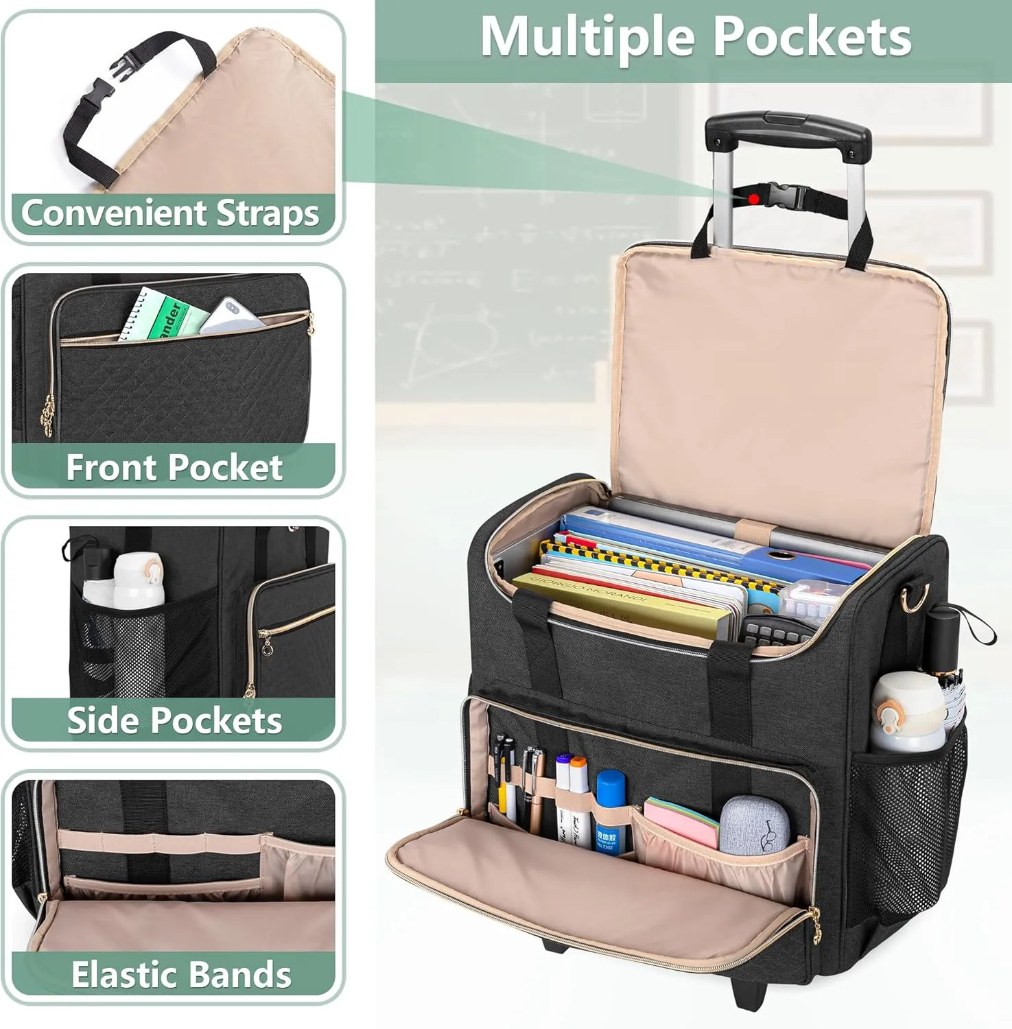 LUXJA Rolling Teacher Bag with Laptop Compartment and Detachable Dolly, Multifunctional Rolling Teacher Tote Bag (Patent Pending), Black