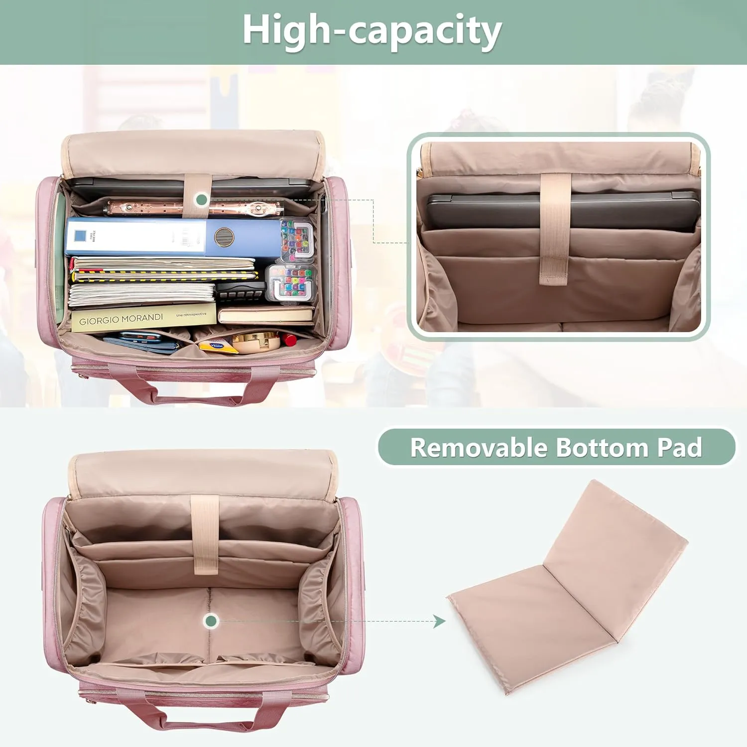 LUXJA Rolling Teacher Bag with Laptop Compartment and Detachable Dolly, Multifunctional Rolling Teacher Tote Bag (Patent Pending), Pink