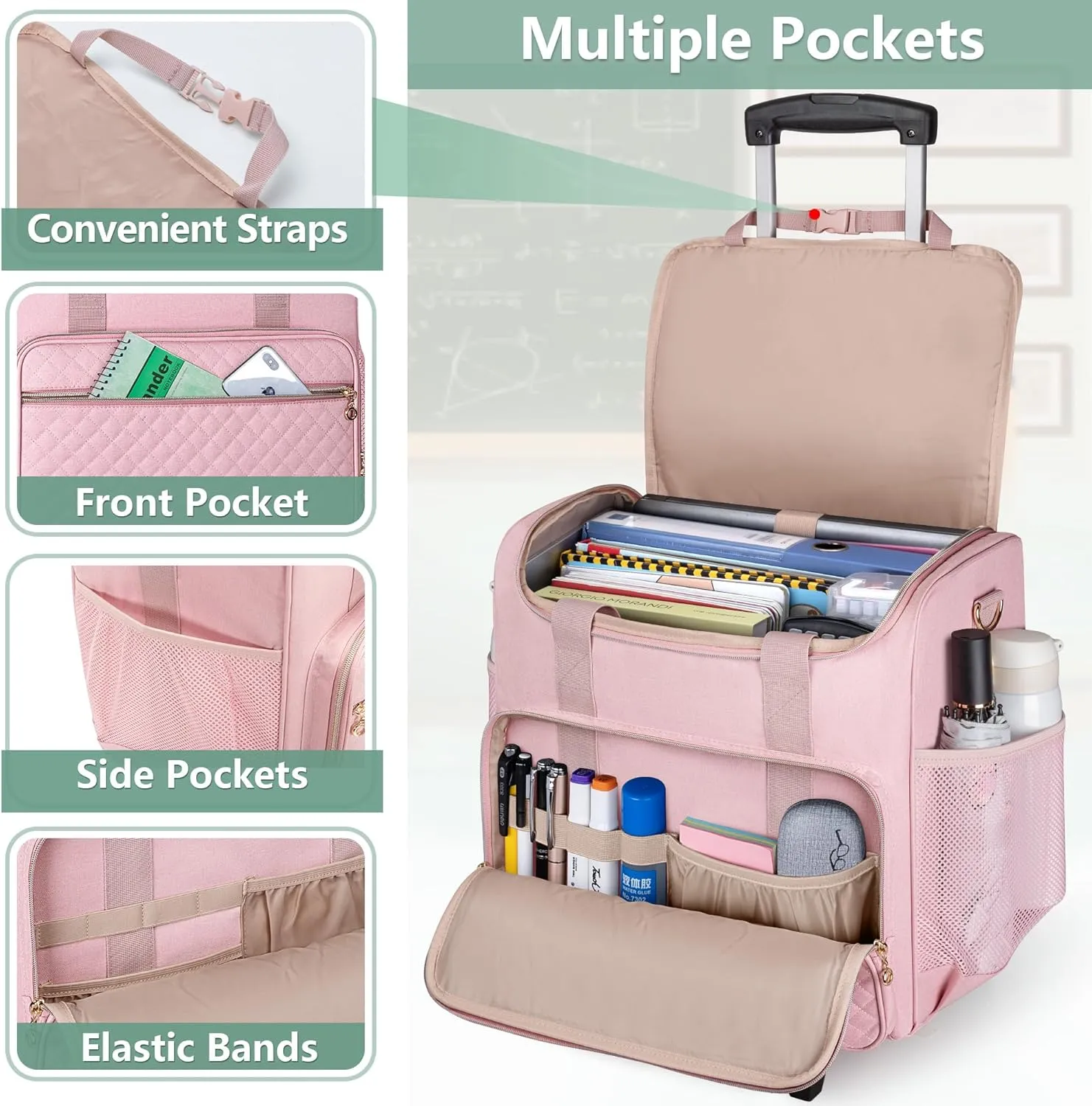 LUXJA Rolling Teacher Bag with Laptop Compartment and Detachable Dolly, Multifunctional Rolling Teacher Tote Bag (Patent Pending), Pink