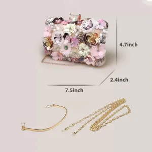 Luxury Pink 3D Floral Evening Clutch Bag with Handle & Detachable Chain Strap, Match for Couture Outfits Fashion Events
