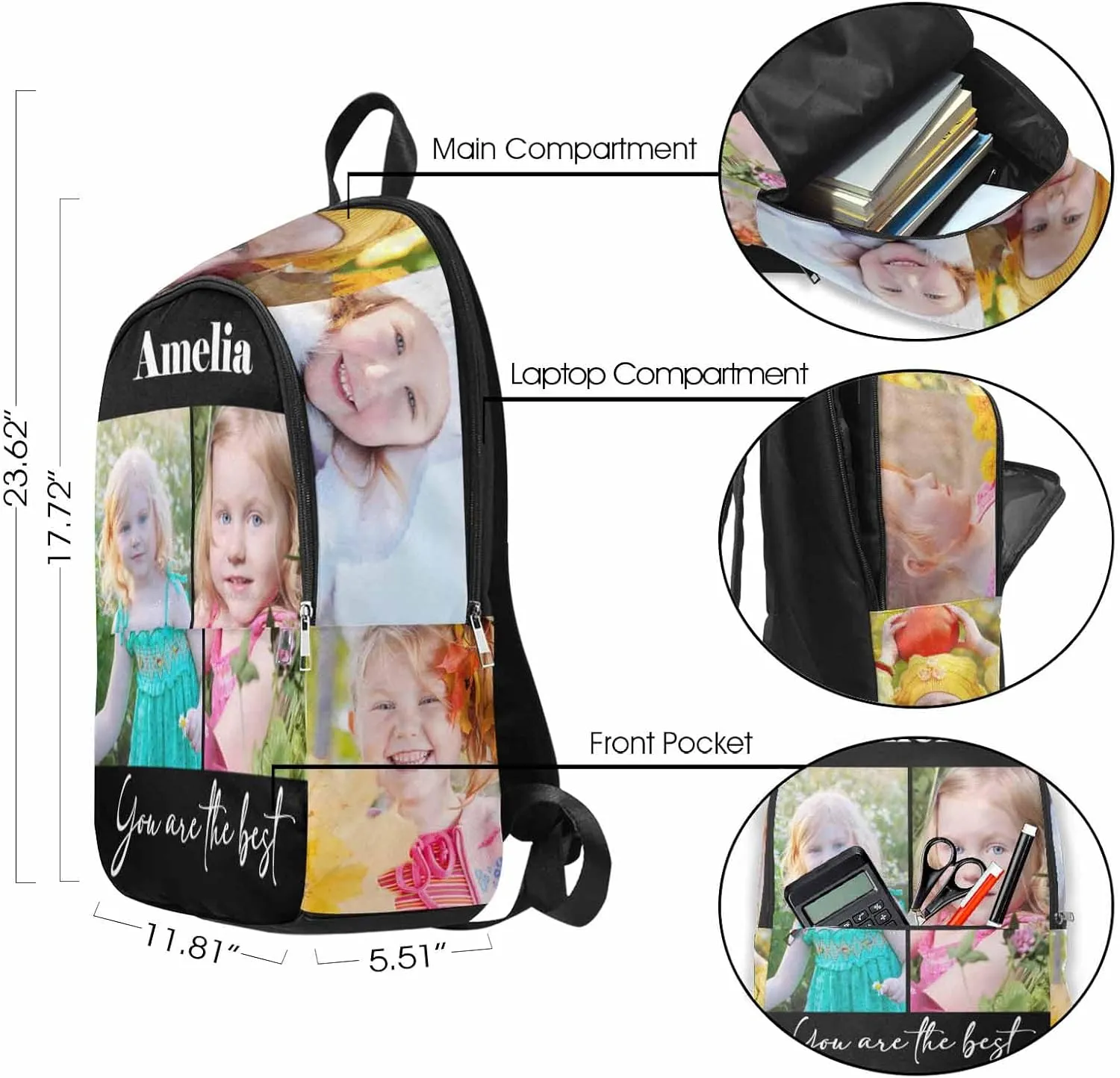 M YESCUSTOM Custom Casual Backpack with Photos Personalized Name School Bookbags for Boy Girl Teens Adult High School Middle Daypack Bag Children Travel Back Packs for Birthday Gifts