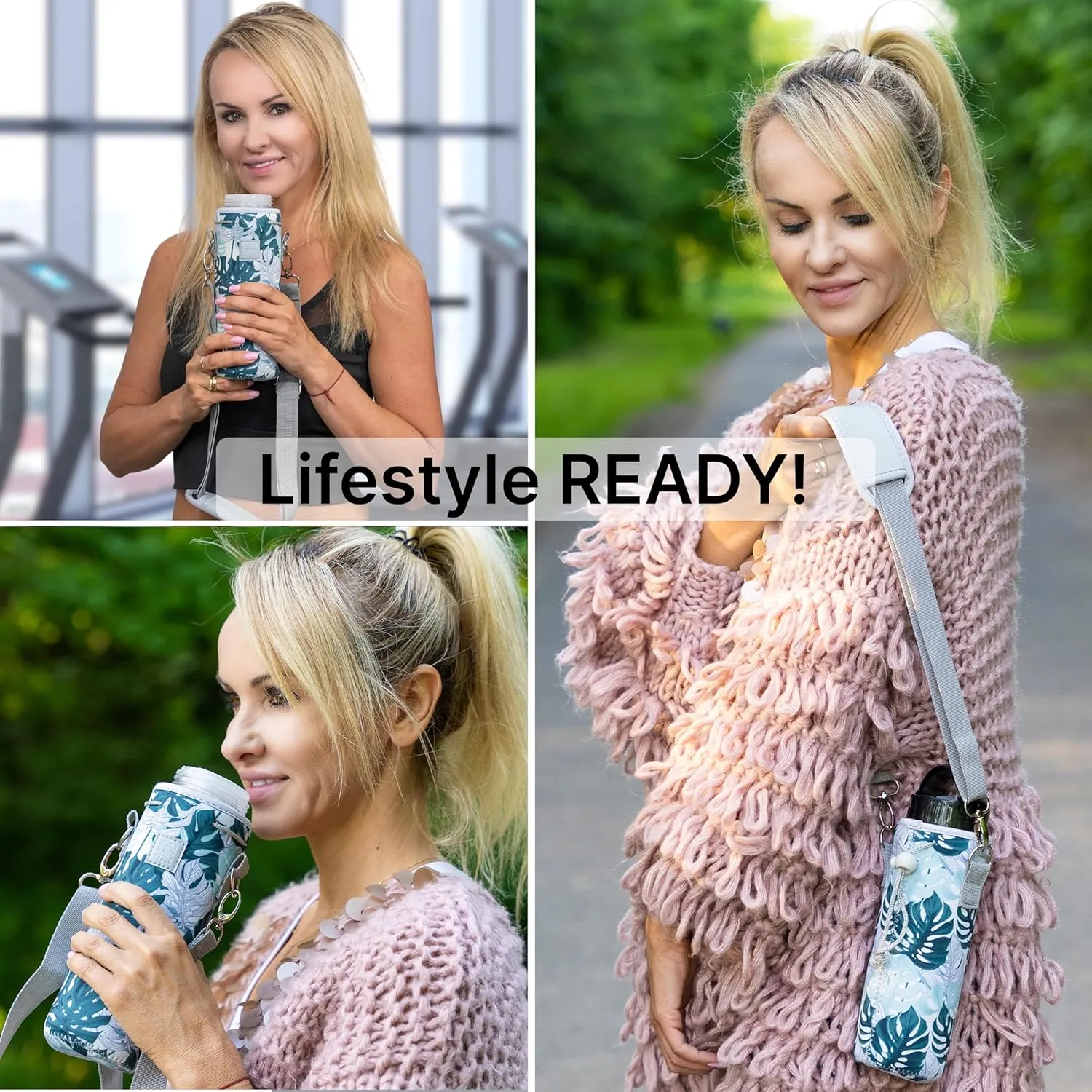 Made Easy Kit Water Bottle Carrier Insulated Neoprene - Adjustable Padded Shoulder Strap - Sling Pouch for Glass Bottle, Stainless Steel Tumbler - 5 Sizes (Grey Floral House, Tall Large)
