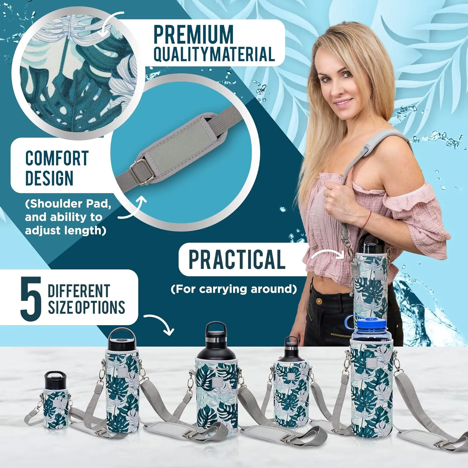 Made Easy Kit Water Bottle Carrier Insulated Neoprene - Adjustable Padded Shoulder Strap - Sling Pouch for Glass Bottle, Stainless Steel Tumbler - 5 Sizes (Grey Floral House, Tall Large)