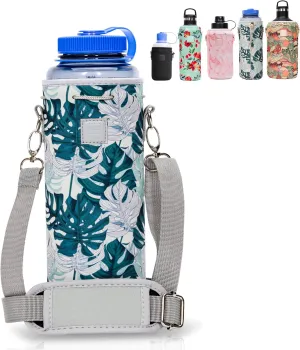 Made Easy Kit Water Bottle Carrier Insulated Neoprene - Adjustable Padded Shoulder Strap - Sling Pouch for Glass Bottle, Stainless Steel Tumbler - 5 Sizes (Grey Floral House, Tall Large)