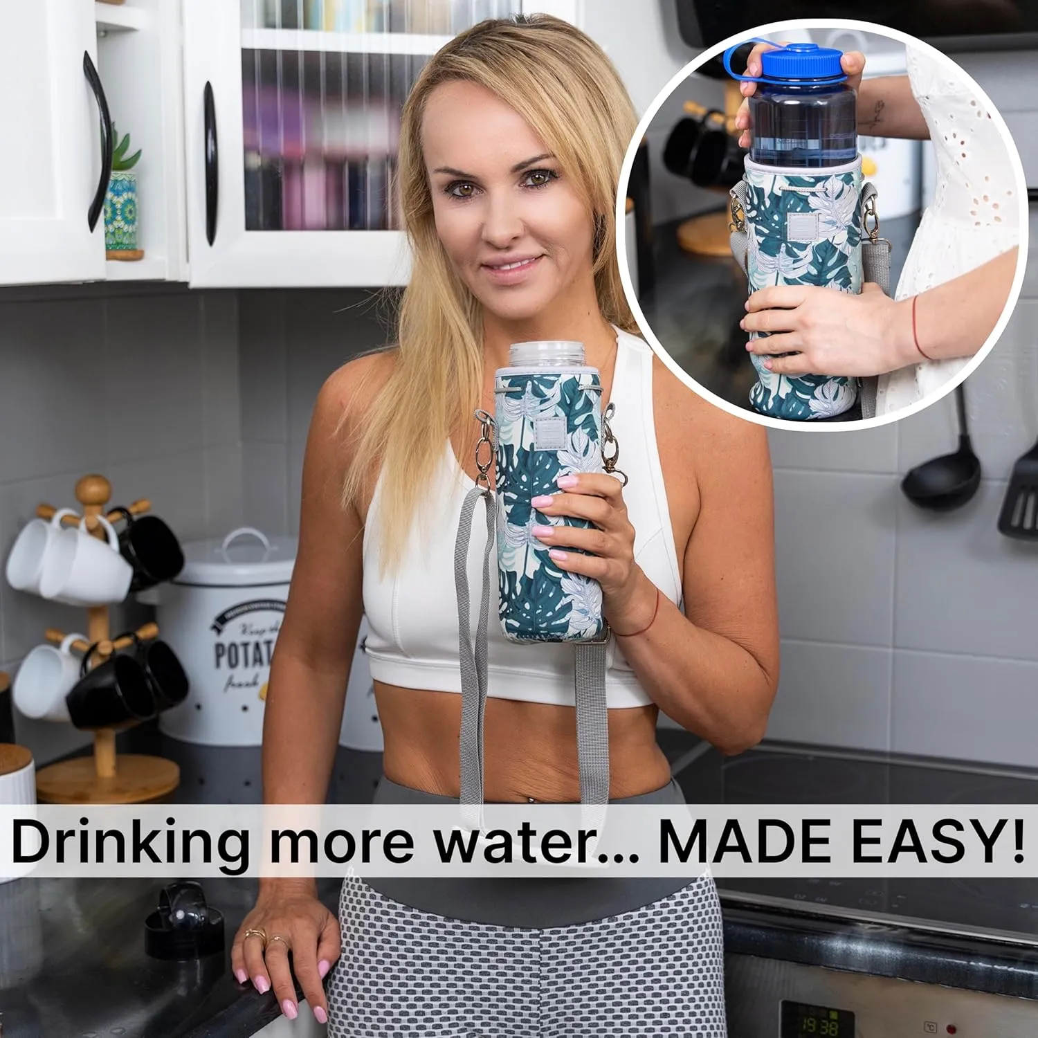 Made Easy Kit Water Bottle Carrier Insulated Neoprene - Adjustable Padded Shoulder Strap - Sling Pouch for Glass Bottle, Stainless Steel Tumbler - 5 Sizes (Grey Floral House, Tall Large)