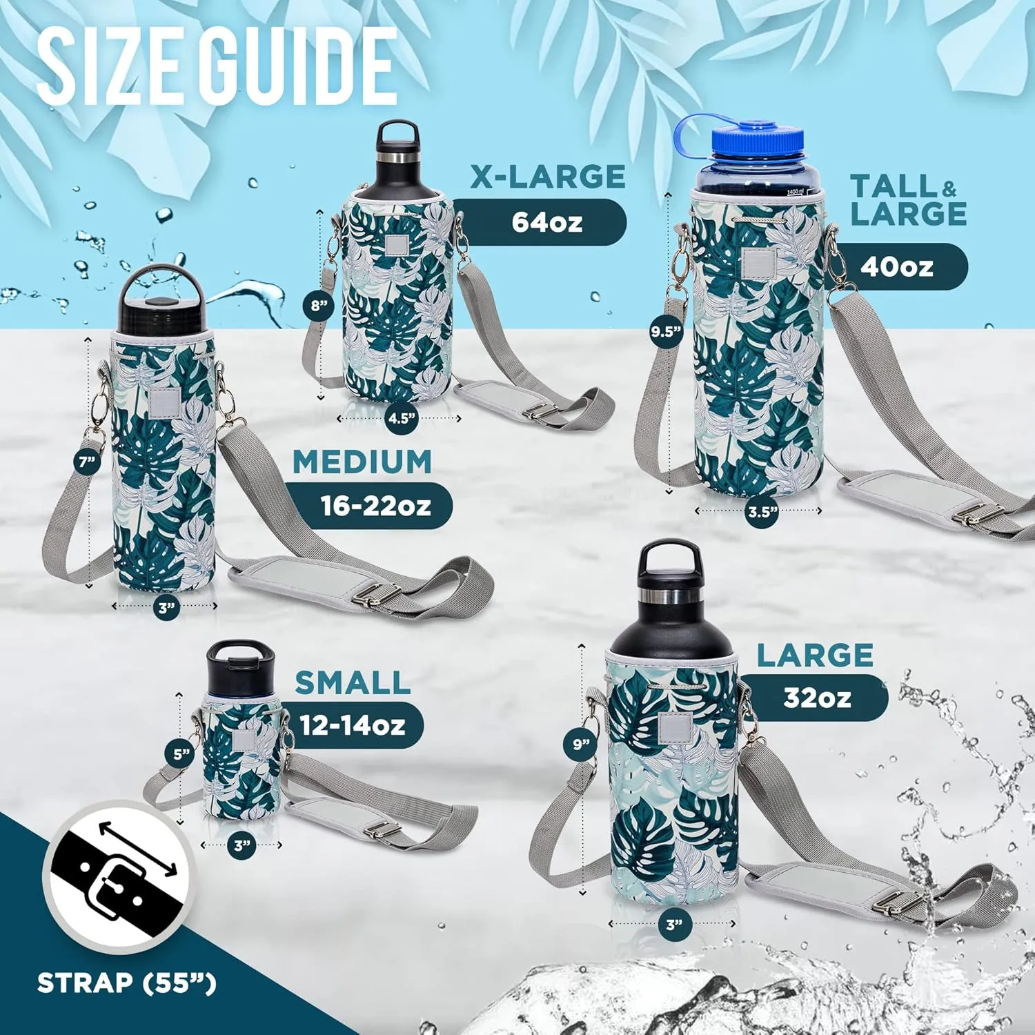 Made Easy Kit Water Bottle Carrier Insulated Neoprene - Adjustable Padded Shoulder Strap - Sling Pouch for Glass Bottle, Stainless Steel Tumbler - 5 Sizes (Grey Floral House, Tall Large)