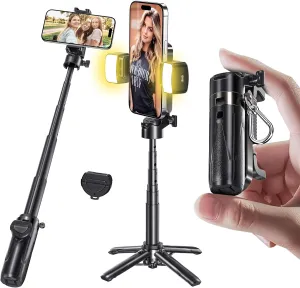 MAGIC JOHN Phone Tripod, Portable Selfie Stick, Pocket Size Selfie Stick for iphone, Selfie Stick with Wireless Detachable Remote Control & 2 Fill Light for Photograph, Live Streaming, Video Recording