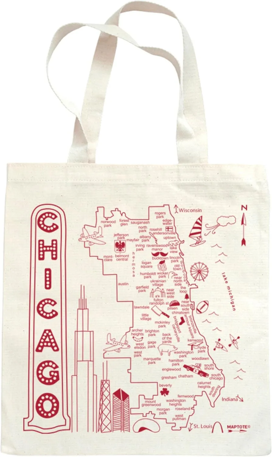 MAPTOTE Grocery Canvas Tote - Reusable Cotton Canvas Bag for Shopping, Daily Errands, Beach Trips and Travel - Screenprinted, Earth Friendly, and Made in USA - Map Style, Chicago